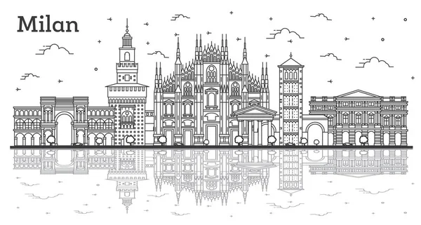 Outline Milan Italy City Skyline Reflections Historic Buildings Isolated White — Stock Vector