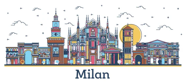Vázolja Milánó Olaszország City Skyline Színes Épületek Elszigetelt Fehér Vektor — Stock Vector