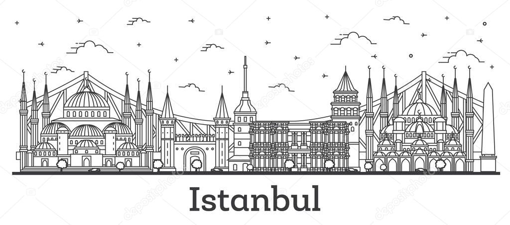 Outline Istanbul Turkey City Skyline with Historic Buildings Isolated on White. Vector Illustration. Istanbul Cityscape with Landmarks.