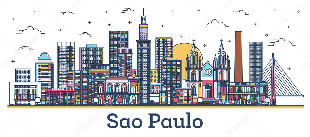 Outline Sao Paulo Brazil City Skyline with Colored Buildings Isolated on White. Vector Illustration. Sao Paulo Cityscape with Landmarks.