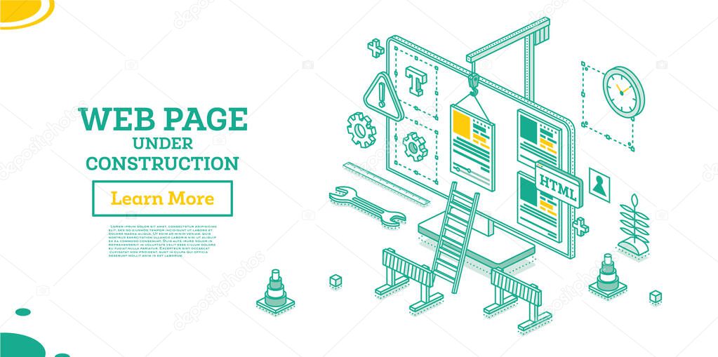 Web Page of Website Under Construction. Vector Illustration. Isometric Outline Concept. Monitor with Crane and Design Elements. Template for Under Maintenance Page.