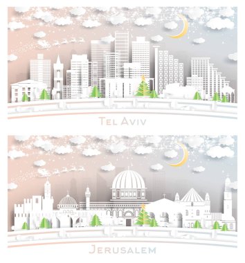 Kudüs ve Tel Aviv İsrail Şehri Skyline Kartaneleri, Ay ve Neon Garland ile Kağıt Kesiği Tarzı ile Seti. Noel ve Yeni Yıl Kavramı. Noel Baba Kızakta.