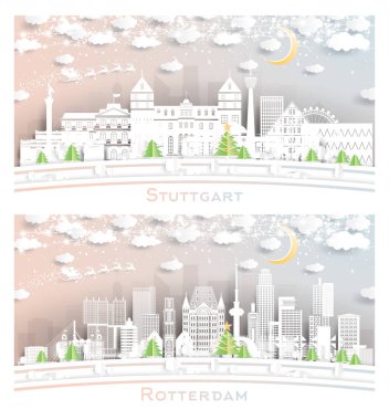 Rotterdam Hollanda ve Stuttgart Almanya 'nın Skyline set in Paper Cut Style with Snowflakes, Moon and Neon Garland. Noel ve Yeni Yıl Kavramı. Noel Baba kızakta. Şehir manzarası ve Yer İmleri.