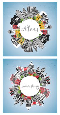 Harrisburg Pennsylvania ve Albany New York City Skyline Set Renkli Binalar, Mavi Gökyüzü ve Kopya Uzay. Şehir simgeleriyle dolu. Modern Mimariyle Seyahat ve Turizm Konsepti.