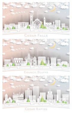 Council Bluffs, Cedar Rapids ve Cedar Falls Iowa City Skyline Set in Paper Cut Style with Snowflakes, Moon and Neon Garland. Noel ve Yeni Yıl Kavramı. Noel Baba Kızakta.