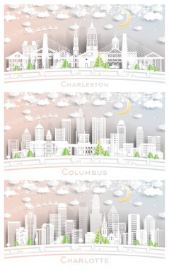 Columbus Ohio, Charlotte NC ve Charleston South Carolina City Skyline Set ile Snowflakes, Moon ve Neon Garland. Noel ve Yeni Yıl Kavramı. Noel Baba Kızakta.
