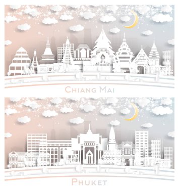 Phuket ve Chiang Mai Tayland City Skyline Set with Paper Cut Style with White Buildings, Moon and Neon Garland. Seyahat ve Turizm Konsepti. Yer İmlerine sahip şehir manzarası.