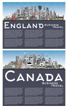İngiltere ve Kanada City Skyline Set ile Gray Buildings, Blue Sky ve Copy Space. Tarih Mimarisi kavramı. Şehir simgeleriyle dolu. Bristol. Leeds. Sheffield. Londra mı? Ottawa 'da. Toronto.