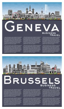 Brüksel Belçika ve Cenevre İsviçre 'de Renkli Binalar, Mavi Gökyüzü ve Kopya Uzayı ile Skyline Set. Landmark 'lı Cenevre Şehri. Tarihi Mimariyle Seyahat ve Turizm Konsepti.