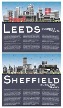 Sheffield ve Leeds UK City Skyline Set ile birlikte Color Buildings, Blue Sky ve Copy Space. Landmark 'lı Leeds Yorkshire City manzarası. Tarihi Mimariyle İş Seyahati ve Turizm Konsepti.