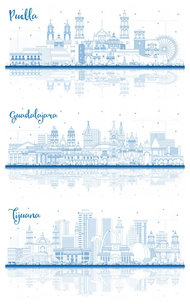 Outline Guadalajara Tijuana Puebla Mexico City Skyline Set Blue Buildings — Stock Photo, Image