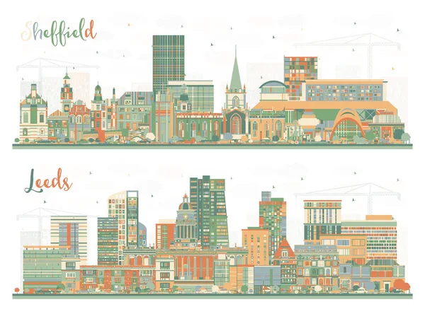Leeds Sheffield City Skyline Set Color Buildings Paisaje Urbano Con —  Fotos de Stock
