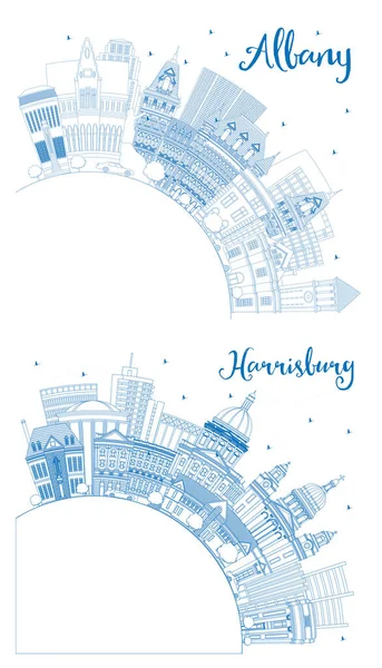 Περίγραμμα Harrisburg Πενσυλβάνια Και Albany Νέα Υόρκη Skyline Σετ Blue — Φωτογραφία Αρχείου