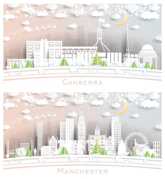 Manchester Canberra Australia City Skyline Set Paper Cut Style Snowflakes — Stok fotoğraf