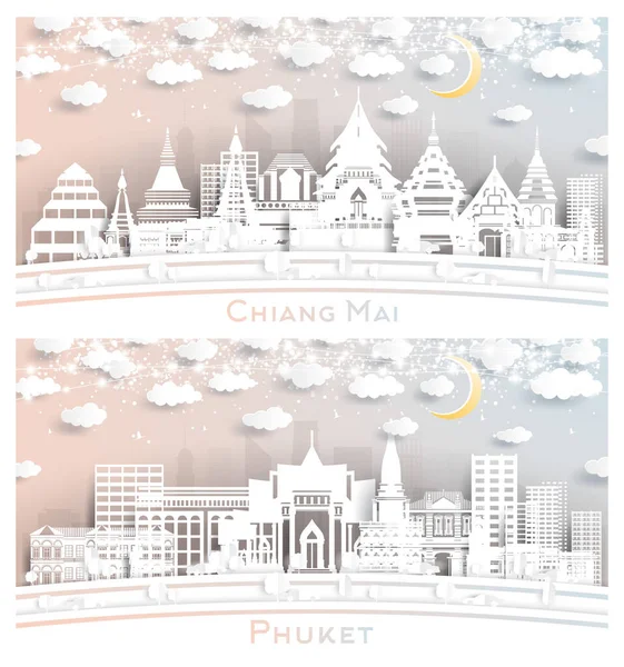 Phuket Chiang Mai Thailand City Skyline Set Paper Cut Style —  Fotos de Stock