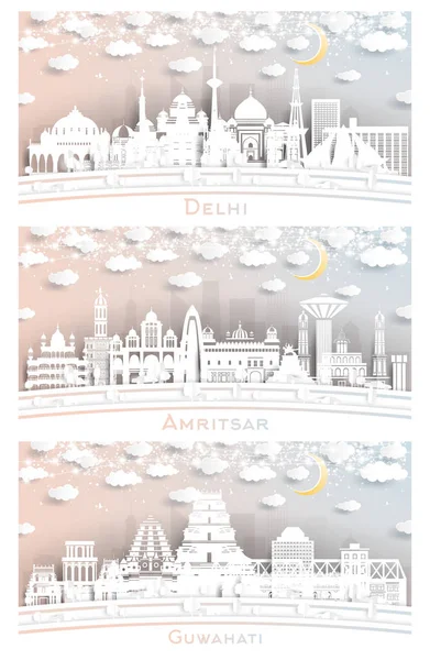 Amritsar Guwahati Delhi India City Skyline Set Paper Cut Style — 스톡 사진