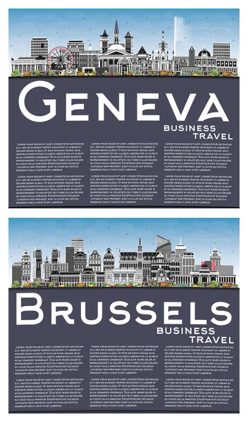 Brussels Belgium Geneva Switzerland City Skyline Set Color Buildings Blue — Stock fotografie