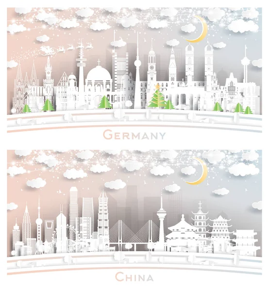 China Und Deutschland City Skyline Paper Cut Stil Mit Schneeflocken — Stockfoto
