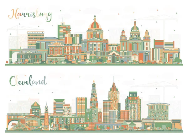 Cleveland Ohio Harrisburg Pennsylvania City Skyline Set Color Buildings Cityscape — Stock Photo, Image