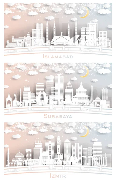 Surabaya Endonezya Zmir Türkiye Slamabad Pakistan City Skyline Set Paper — Stok fotoğraf