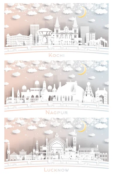 白い建物 月とネオンガーランドと紙のカットスタイルで設定されているナグプル ルツナー 高知市のスカイライン 旅行と観光の概念 ランドマークと都市景観 — ストック写真