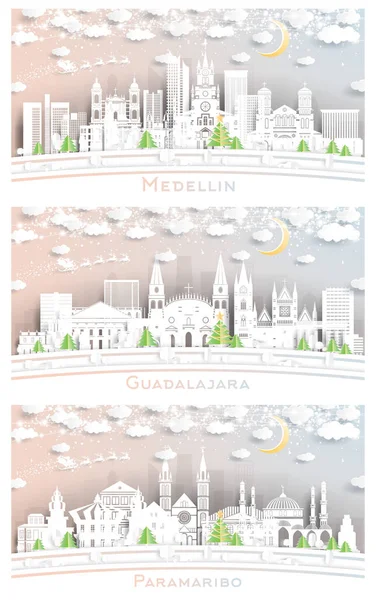 Guadalajara Mexico Paramaribo Surinam Medellin Colombia City Skyline Set Paper — Stockfoto