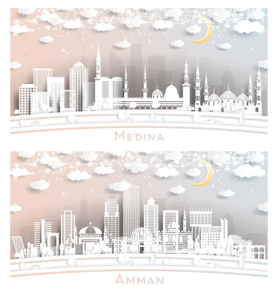 Amman Jordanien Und Medina Saudi Arabien City Skyline Paper Cut — Stockfoto