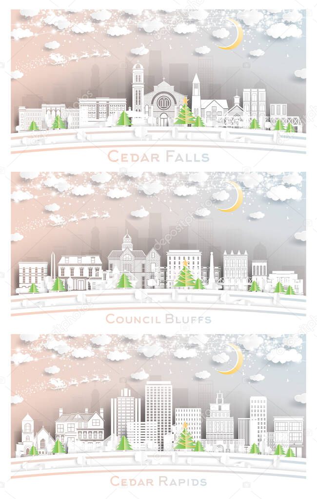Council Bluffs, Cedar Rapids and Cedar Falls Iowa City Skyline Set in Paper Cut Style with Snowflakes, Moon and Neon Garland. Christmas and New Year Concept. Santa Claus on Sleigh.