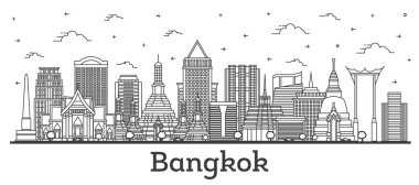 Bangkok Thailand City Skyline 'ın ana hatlarıyla Modern ve Tarihi Binalar beyaza izole edildi. Vektör İllüstrasyonu. Tarihi Simgeli Bangkok Şehri.