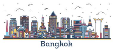 Bangkok Thailand City Skyline 'ın ana hatları. Renkli, modern ve tarihi binalar beyaza izole edilmiş. Vektör İllüstrasyonu. Tarihi Simgeli Bangkok Şehri.