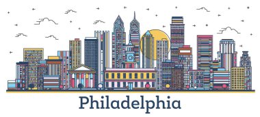 Philadelphia City Skyline ana hatlarıyla modern renkli binalar beyaza izole edilmiş. Vektör İllüstrasyonu. Philadelphia ABD Kent Simgeleriyle.
