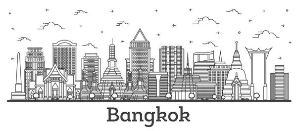 Очертания Бангкока Таиланд Город Skyline Современными Историческими Зданиями Изолированы Белом — стоковый вектор