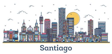 Santiago Şili 'nin ana hatlarıyla modern ve tarihi binalar beyaza izole edilmiştir. Vektör İllüstrasyonu. Tarihi Simgelere sahip Santiago Şehri.