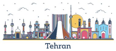 Beyaz üzerine izole edilmiş renkli tarihi binalarla Tahran City Skyline ana hattı. Vektör İllüstrasyonu. Tarihi işaretli Tahran Pers Kenti.