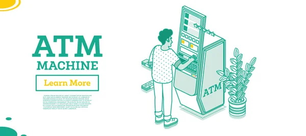 Man Opnemen Van Contant Geld Moderne Geldautomaat Geïsoleerd Wit Isometrische — Stockvector