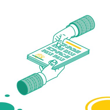 İki El Tutma Sözleşmesi. Bir el evrak verir, diğer el alır. Business Man Hand Hold Kağıt Belgesi. Isometric Kavramı. Vektör İllüstrasyonu. Özet Sözleşme Anlaşması.