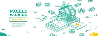 Smartphone 'un tepesindeki banka binası. Isome Finansal Konsepti. Vektör İllüstrasyonu. Telefona Kredi Kartı Eklendi. Mobil Banka Uygulaması. Banknotlar ve Paralar.