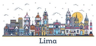 Lima Peru City Skyline ana hatlarıyla Modern ve Tarihi Renkli Binalar beyaza izole edildi. Vektör İllüstrasyonu. Simgeli Lima Şehir Manzarası.