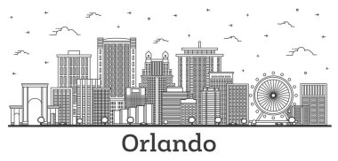 Orlando Florida şehir silueti Modern ve tarihi binalar beyaza izole edilmiş. Vektör İllüstrasyonu. Tarihi Simgelerle Orlando ABD Şehri.