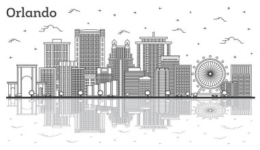 Orlando Florida şehir silueti Modern Binalar ve Yansımalar Beyaz 'a izole edilmiş. Vektör İllüstrasyonu. Tarihi Simgelerle Orlando ABD Şehri.