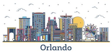 Renkli Modern ve Tarihi Binaları Beyazlar 'da izole edilmiş Orlando Florida City Skyline ana hattı. Vektör İllüstrasyonu. Tarihi Simgelerle Orlando ABD Şehri.