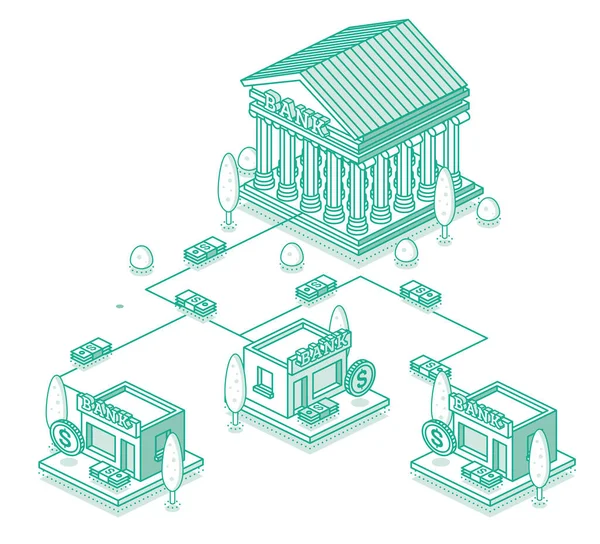 Rozdělení Peněz Mezi Centrální Banku Komerční Banky Izometrická Finanční Koncepce — Stockový vektor