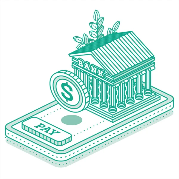 Bankgebouw Munt Top Van Smartphone Isometrische Financiële Concepten Vector Illustratie — Stockvector
