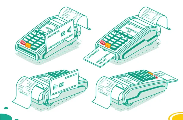 Terminal Pos Isométrico Com Cartão Crédito Recibo Dinheiro Isolado Fundo — Vetor de Stock