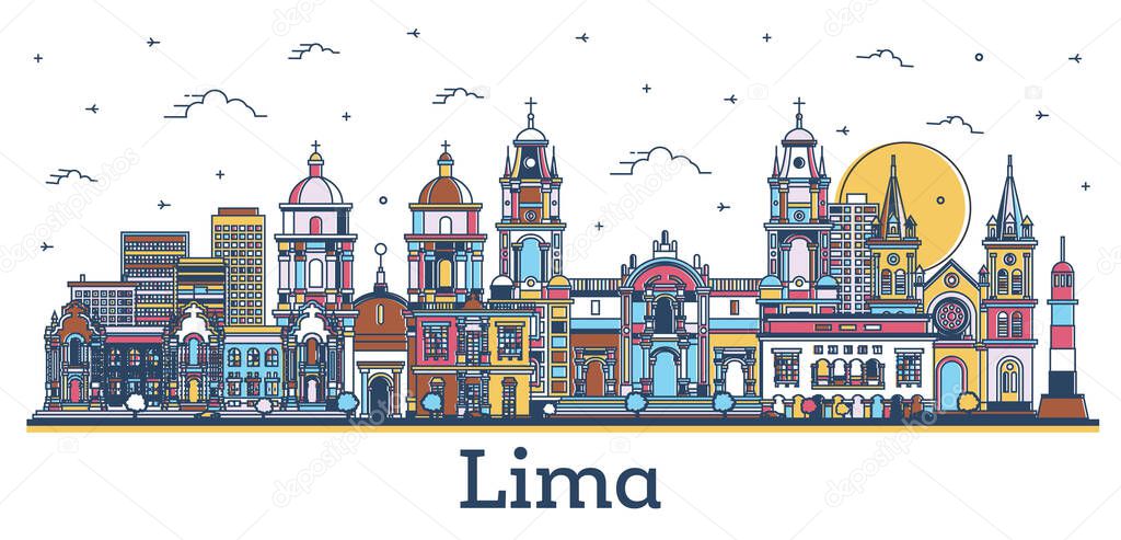 Outline Lima Peru City Skyline with Modern and Historic Colored Buildings Isolated on White. Vector Illustration. Lima Cityscape with Landmarks.