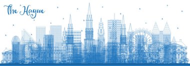 Mavi Binalar ile Lahey Hollanda Şehir Silueti anahat. Tarihi Mimari ile İş Seyahati ve Turizm Konsepti. Simgesel Yapılarla Hague Cityscape. 