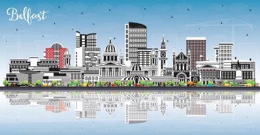 Belfast Kuzey İrlanda City Skyline Renkli Binalar, Mavi Gök ve Yansımalar ile. Vektör İllüstrasyonu. Belfast Şehri 'nin simgeleriyle. Tarihi Mimariyle Seyahat ve Turizm Konsepti.