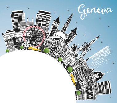 Renkli binaları, mavi gökyüzü ve kopyalama uzayı olan Cenevre İsviçre Şehri Skyline 'ı. Vektör İllüstrasyonu. Landmark 'lı Cenevre Şehri. Tarihi Mimariyle Seyahat ve Turizm Konsepti.