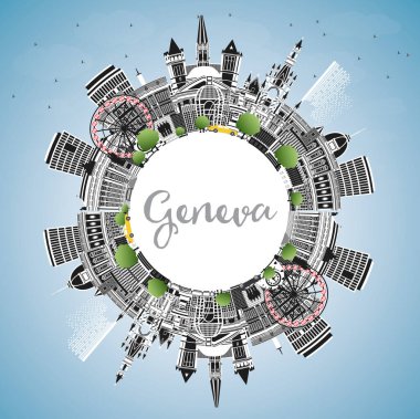 Renkli binaları, mavi gökyüzü ve kopyalama uzayı olan Cenevre İsviçre Şehri Skyline 'ı. Vektör İllüstrasyonu. Landmark 'lı Cenevre Şehri. Tarihi Mimariyle Seyahat ve Turizm Konsepti.