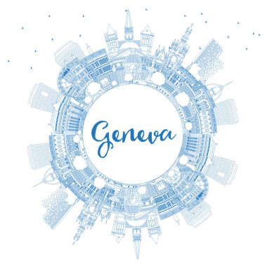 Blue Buildings ve Copy Space ile Cenevre City Skyline 'ın ana hatlarını çiz. Vektör İllüstrasyonu. Landmark 'lı Cenevre Şehri. Tarihi Mimariyle Seyahat ve Turizm Konsepti.